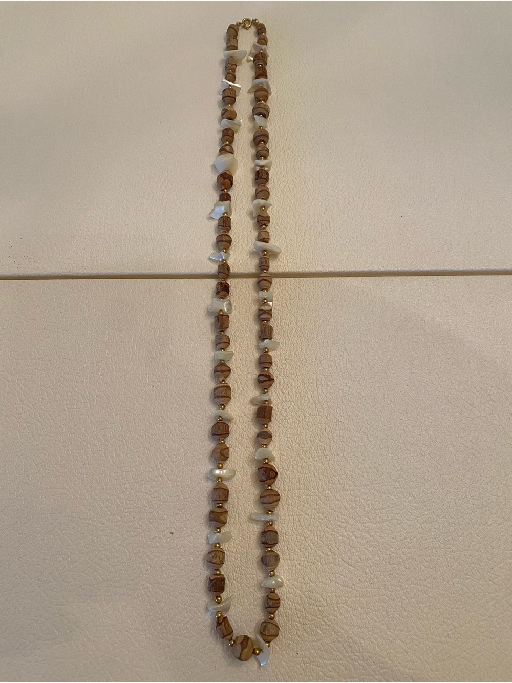 Vintage Natural Wooden Beads w Mother of Pearl Chip & Gold Tone Beads Necklace